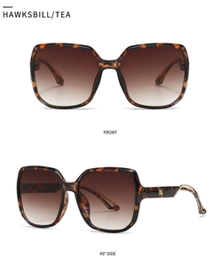 Detailed front and side views of tortoise shell square sunglasses with gold metal logo
