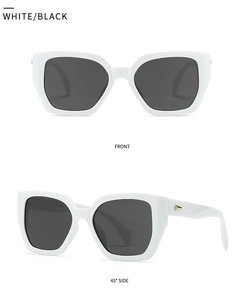 Front and 45-degree side views of white cat-eye sunglasses with gold diamond accents