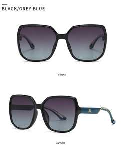 Front and 45-degree side views of square sunglasses with blue-purple gradient lenses