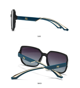Detail view of square sunglasses with teal temples and gold geometric logo accents