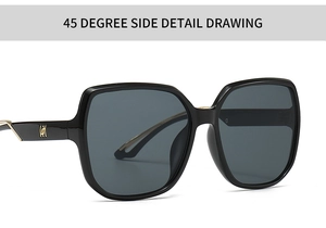Detail of square oversized sunglasses with gold metal logo and 45-degree hinge structure