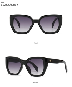 Front and side view of polygon sunglasses with gold diamond accent and grey gradient lenses