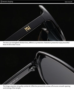 Detail view of square sunglasses featuring golden logo temples and premium metal hinges
