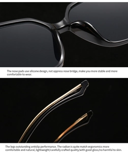 Detail of square sunglasses showing gold metal core temples and comfortable silicone nose pads