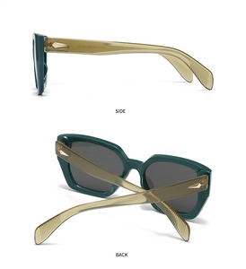 Detail view of stylish polygon sunglasses showing textured temple tips and side profile