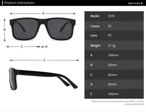Detailed size chart for square polarized sunglasses model 2374 showing full dimensions