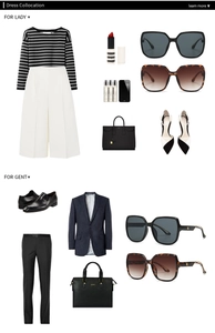 Flat lay of square sunglasses with luxury fashion clothing sets for men and women