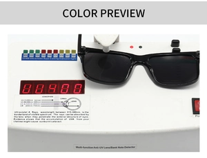 Detail showing square frame sunglasses undergoing UV400 protection performance testing