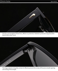 Detailed close-up of smooth metal hinges and UV400 CE certified temples of sunglasses