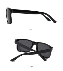 Detailed side and back views of classic black square polarized sunglasses for men