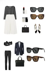Flat lay showing stylish polygon sunglasses with elegant casual and business attire outfits