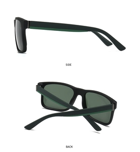 Detailed side and back view of matte square sunglasses with dark grey polarized lenses