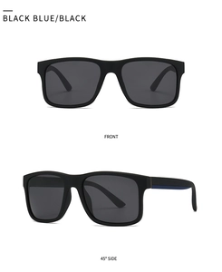 Detail view of square black sunglasses with blue lining and polarized lenses from 45 degrees