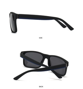 Side and back view of square polarized sunglasses with blue stripe detail on black frames