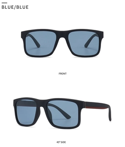 Front and 45-degree side views of black matte square polarized sunglasses with blue lenses
