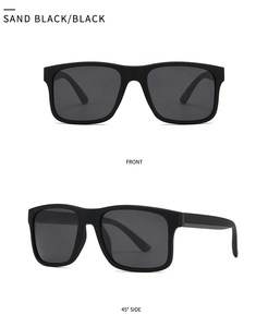 Front and side view of square matte black polarized sunglasses with thick frames