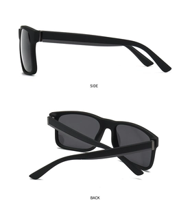 Detailed side and back views of classic black matte square sunglasses with grey lenses