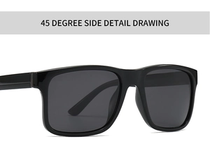 Classic square frame polarized sunglasses with 45-degree side view and metal hinge detail
