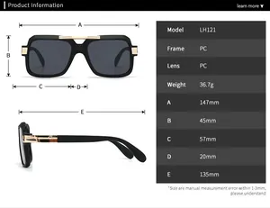 Detailed size specification chart for LH121 classic aviator sunglasses with measurements