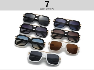 Flat lay showcase of square pilot sunglasses available in seven stylish gradient colors