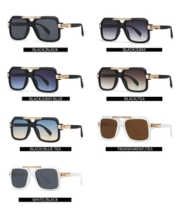 Detailed grid showing seven variants of square pilot sunglasses with metal brow bars
