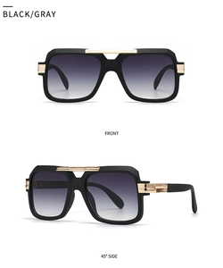 Front and side view of classic black pilot sunglasses with gray gradient lenses