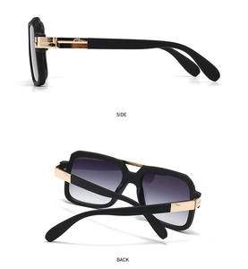 Detail of matte black aviator sunglasses with gold metal hinges and side view logo