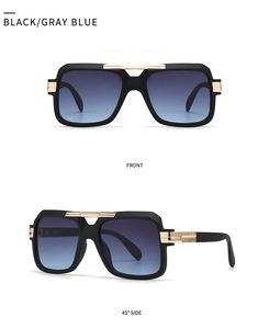 Front and 45-degree side view of pilot sunglasses with gold metal bridge and blue lenses