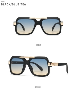 Front and 45-degree side views of square pilot sunglasses in black and blue tea gradient