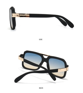 Detailed side and back view of aviator sunglasses with thick black frames and gold accents
