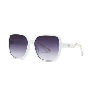Square oversized sunglasses with white frames, purple gradient lenses and gold logo