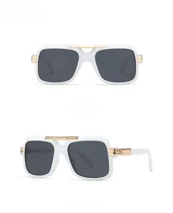 Front and side view of white square pilot sunglasses with gold metal accents