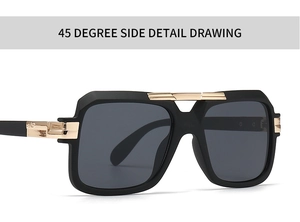 Detailed side view of black pilot sunglasses featuring gold metallic hinge accents