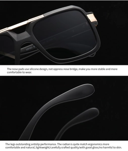 Detail of integrated silicone nose pads and ergonomic temples on pilot sunglasses