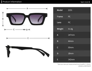Detailed size chart showing dimensions for retro square sunglasses style 2231