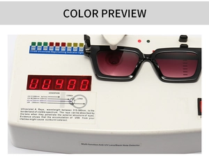 UV400 testing display of black rectangular retro sunglasses with thick frame construction