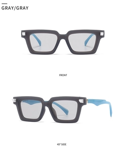 Front and side view of square frame gray sunglasses with blue temples and sleek design