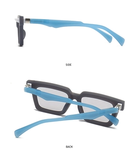 Detail view of two-tone matte grey and translucent blue eyeglass frames with side and back shots