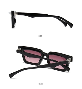 Side and back view of retro rectangle sunglasses with thick black frames and purple lenses