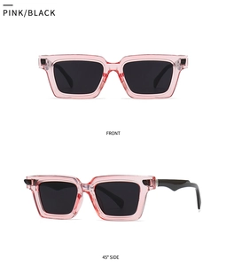 Front and side view of modern rectangular sunglasses with pink frames and black lenses