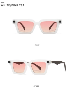 Front and side view of square matte white sunglasses with pink tea gradient lenses