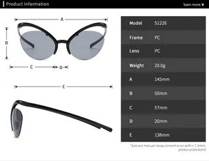 Tabella taglie per occhiali da sole cat eye con dimensioni e specifiche della montatura PC