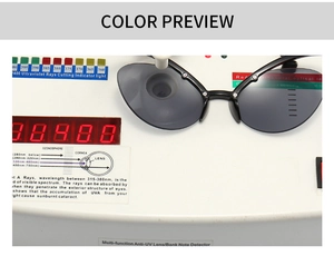 Dettaglio di occhiali da sole neri cat-eye durante il test professionale di protezione UV 400
