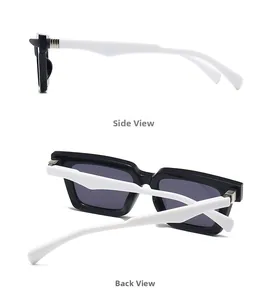 Detail views of retro black rectangular sunglasses with wavy ivory temples and silver accents