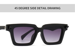 45-degree side view of black thick frame sunglasses with purple gradient lenses