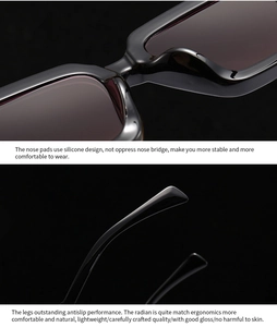 Detail of ergonomic silicone nose pads and non-slip temples on rectangular sunglasses