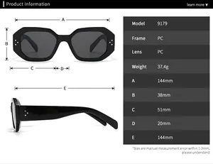 Detailed dimension chart and technical specifications for oval PC frame sunglasses 9179