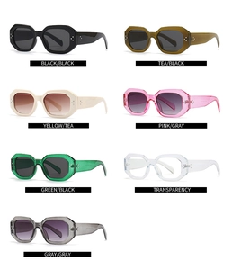 Matrix of oval polygon sunglasses in multiple colors with thick temples and metal rivets