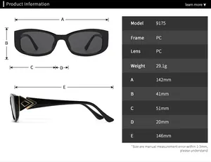 Size chart showing exact dimensions and PC material specs for butterfly frame sunglasses