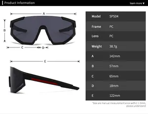 Size specifications for oversized one-piece frame vintage sunglasses model SPS04